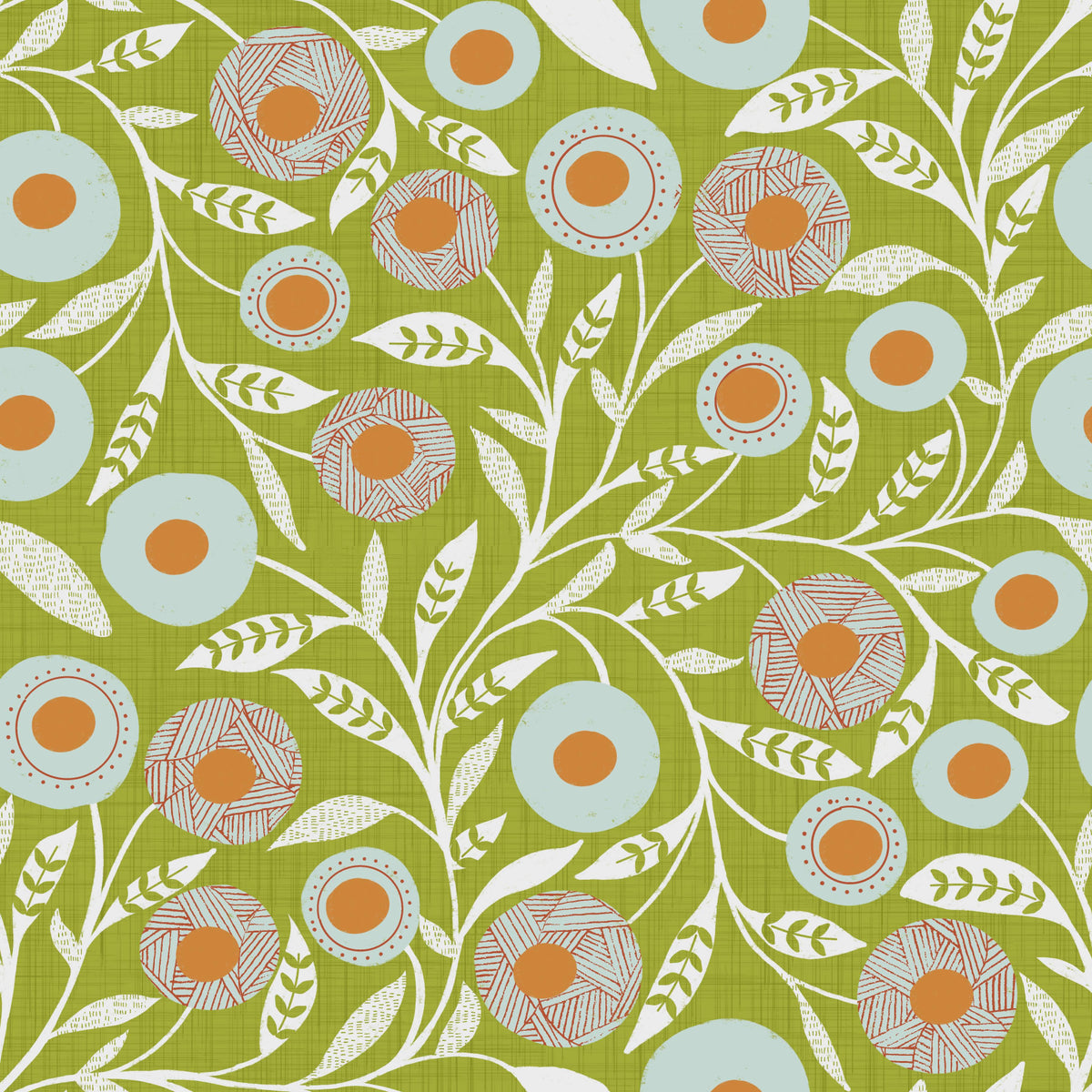 Cozy Scandi Folk Floral Olive Chartreuse - Craft Botanical Wallpaper⁠ in your room — zoomed