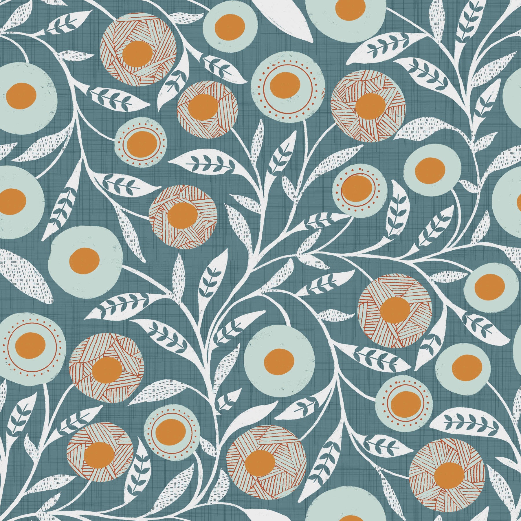 Papel pintado botánico artesanal con diseño floral nórdico azul grisáceo y acogedor estilo folk escandinavo