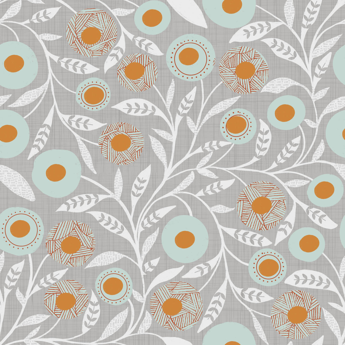 Gemütliche skandinavische Folk-Tapete mit floralem Muster, warmem Leinen- und botanischem Design in your room — zoomed