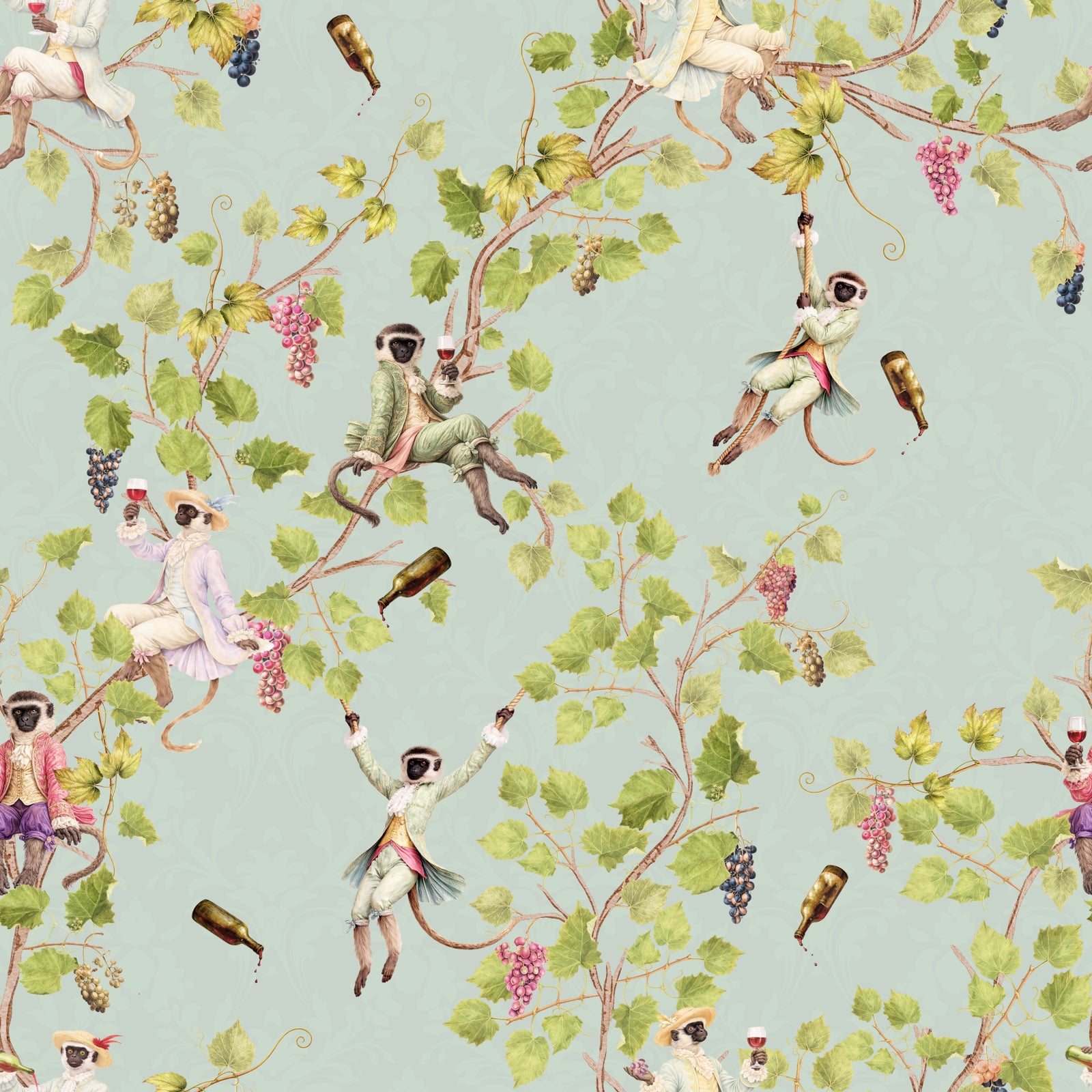 Singes rococo fantaisistes, festival du vin, vignoble aristocratique vintage, papier peint turquoise