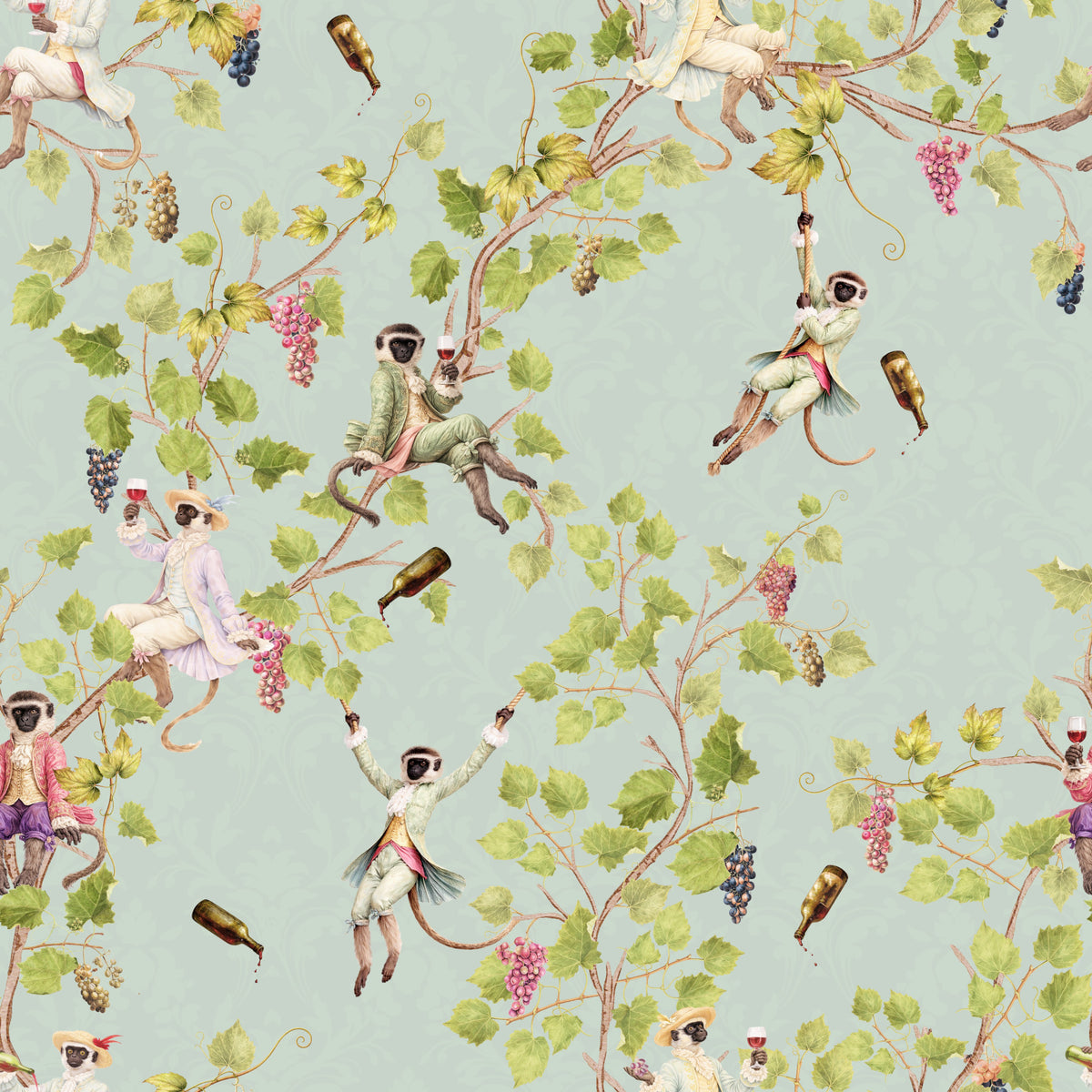Singes rococo fantaisistes, festival du vin, vignoble aristocratique vintage, papier peint turquoise in your room — zoomed