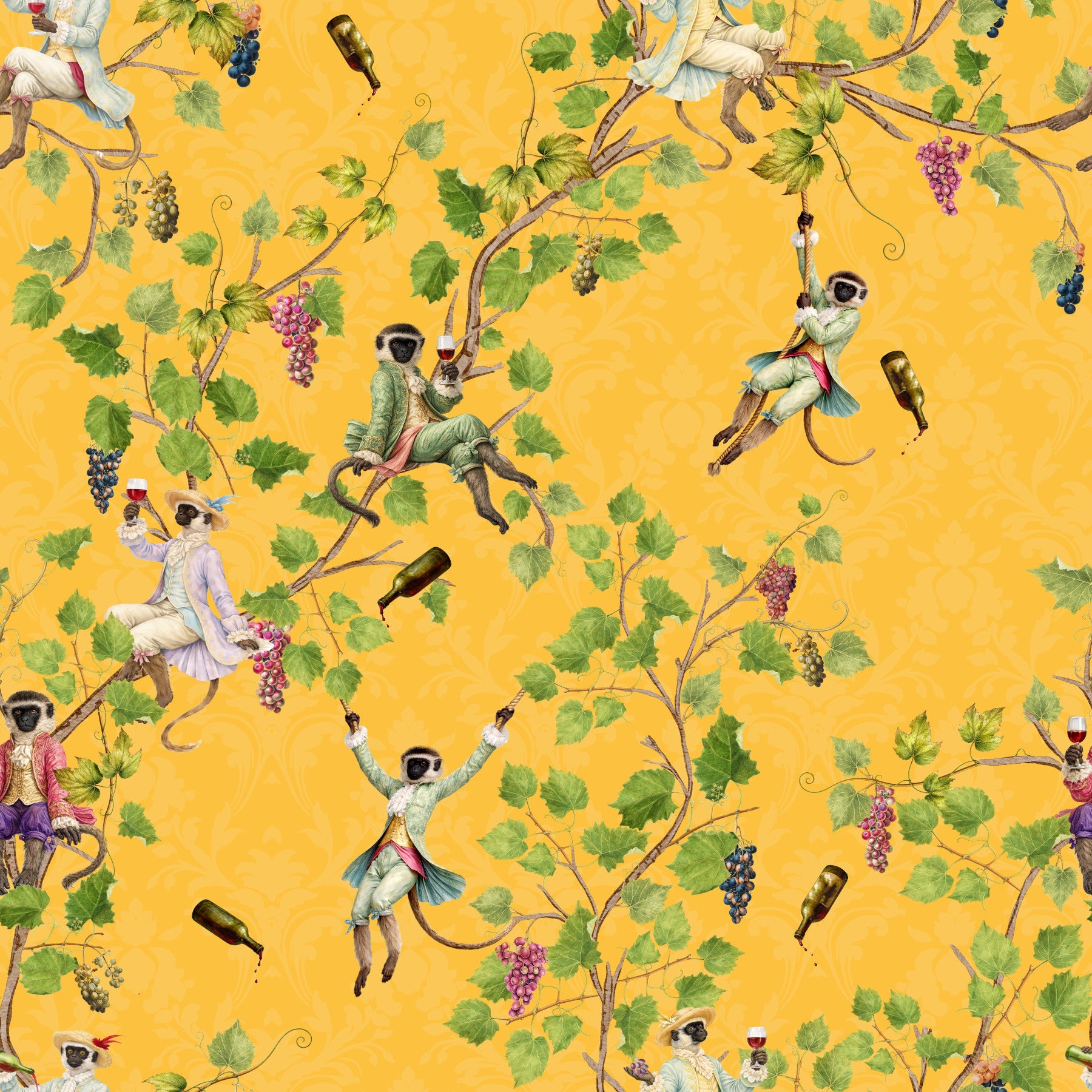 Whimsical Rococo Monkeys Wine Festival Vintage Aristocratic Vineyard Garden yellow  Wallpaper⁠ in your room — zoomed