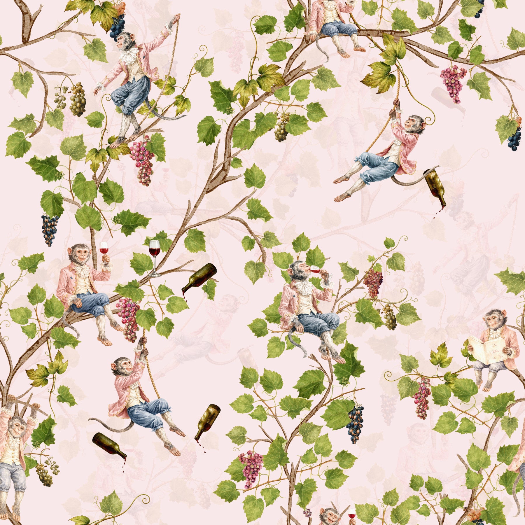Tapet roz cu maimuțe rococo capricioase, festivalul vinului, podgoria aristocratică, grădină vintage in your room — zoomed