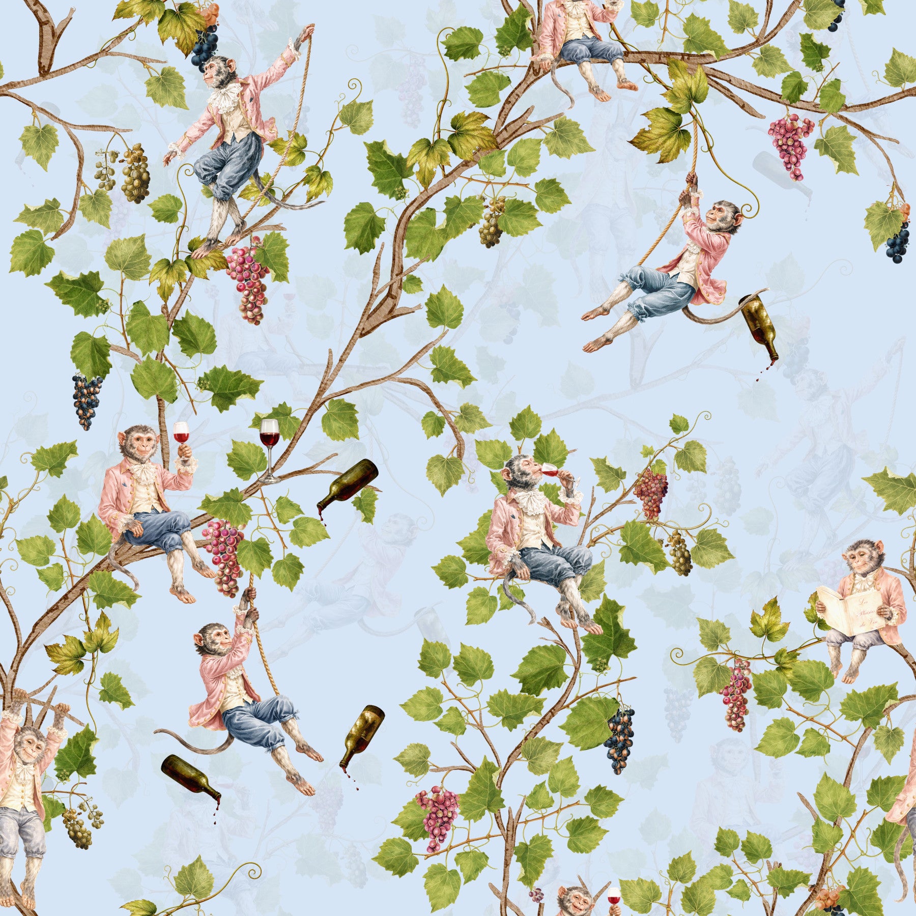 Whimsical Rococo Monkeys Wine Festival Aristocratic Vineyard Vintage  Garden  blue Wallpaper⁠