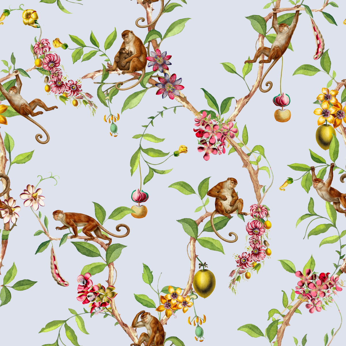 Verspielte Affenfamilie – Vintage-Tapete mit exotischem Gartenmotiv in Blau in your room