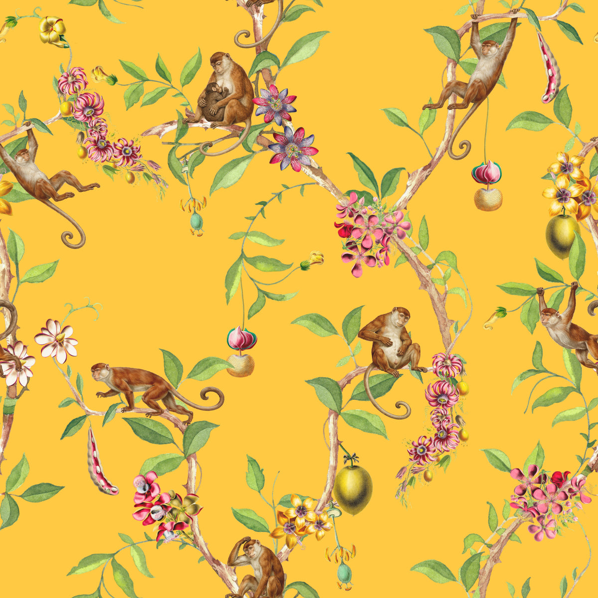 Verspielte Affenfamilie – Vintage-Tapete mit exotischem Gartenmotiv in Gelb in your room — zoomed