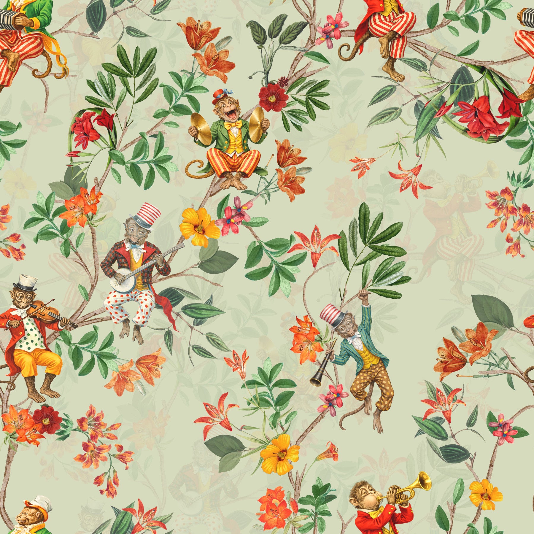 Papier peint vert vintage exotique et amusant avec des singes jouant de la musique in your room — zoomed