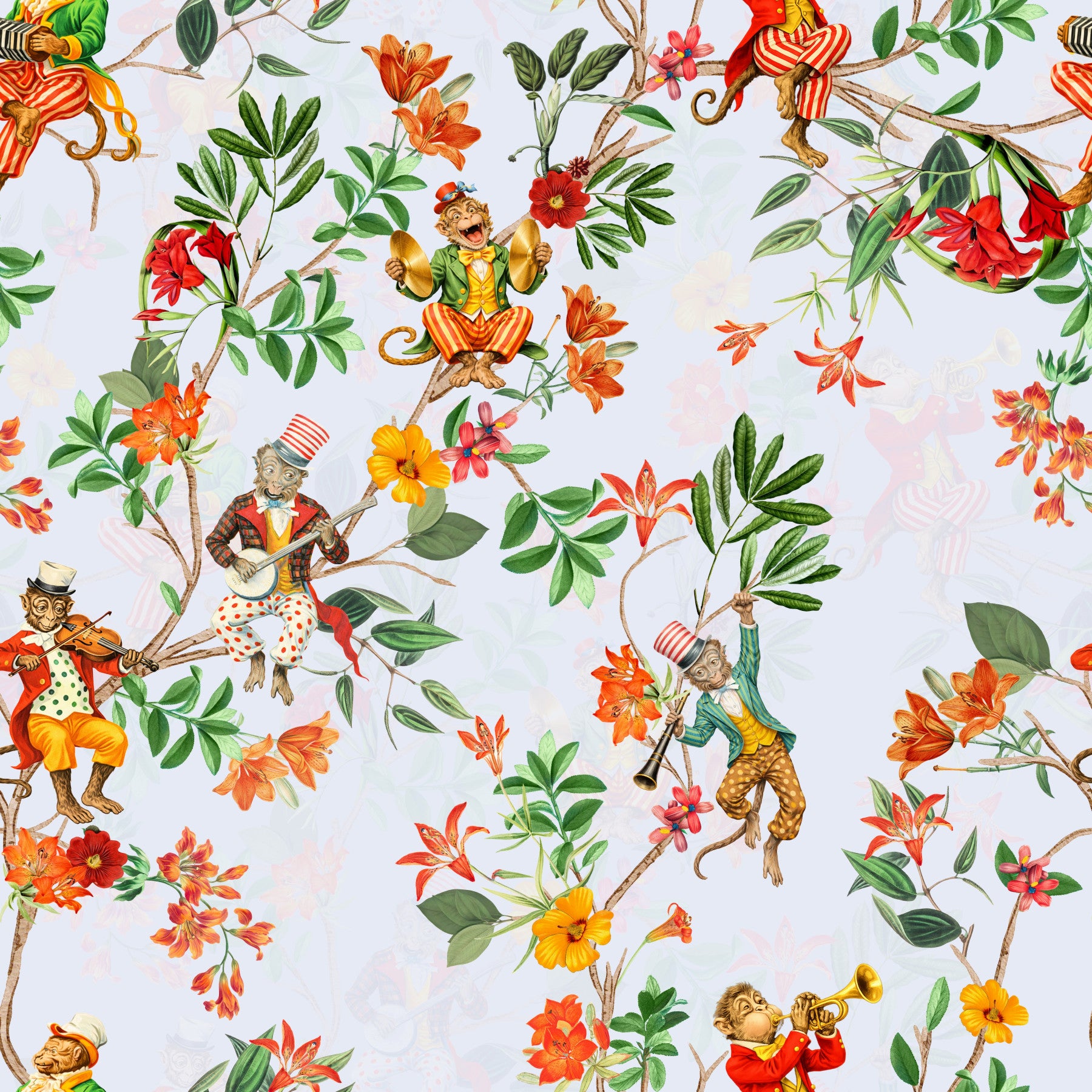 Whimsical Monkeys Playing Music Vintage Exotic Fun Garden blue Wallpaper⁠ in your room — zoomed