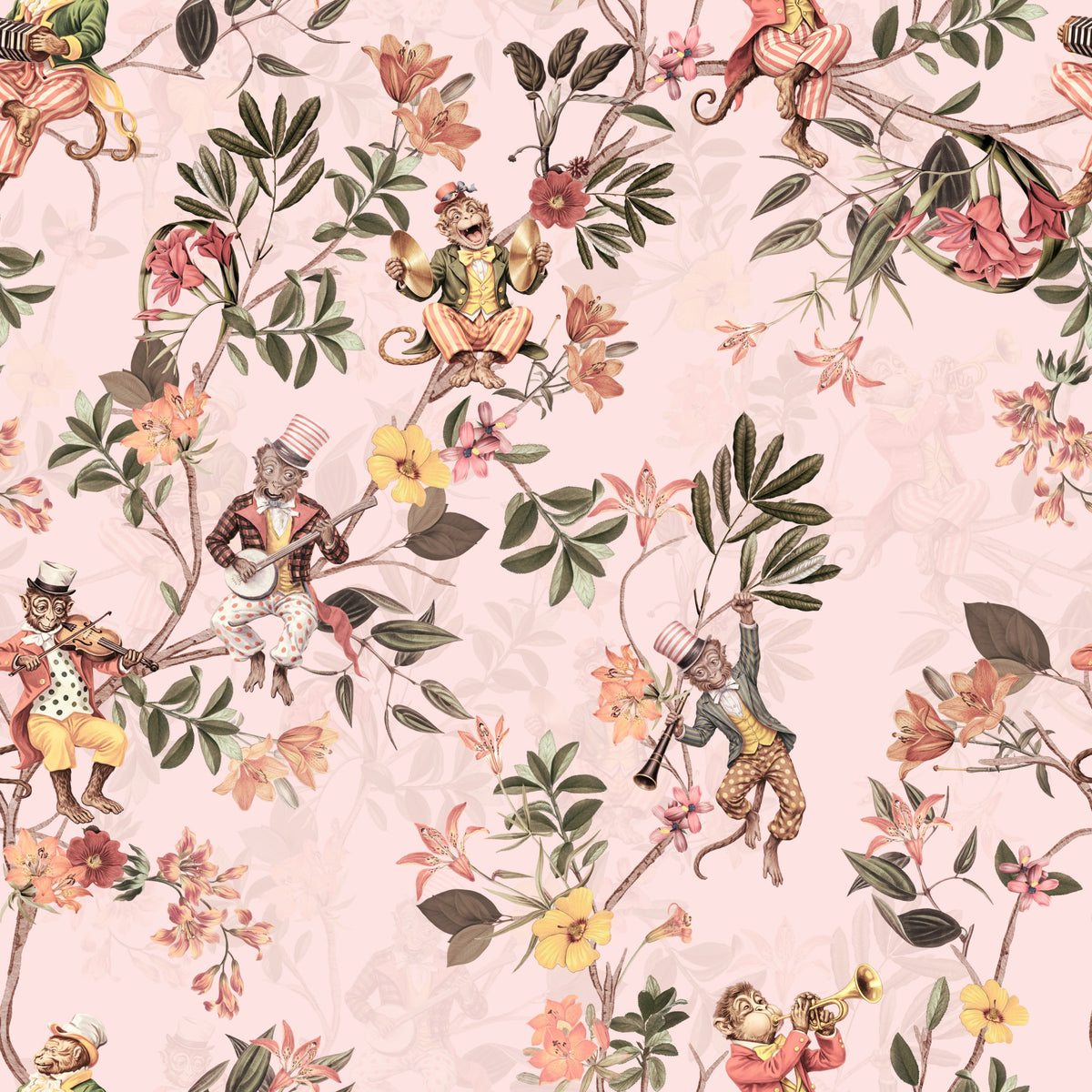 Verspielte Affen spielen Musik Vintage Exotisch Spaß Garten rosa Tapete in your room — zoomed