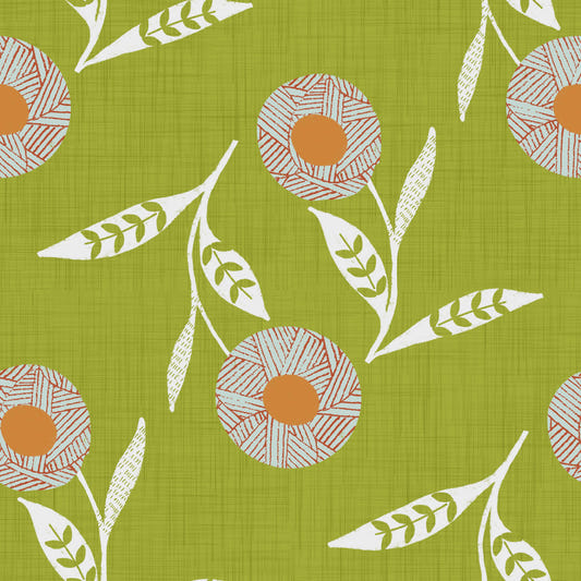 Hyggelig skandinavisk blomst oliven chartreuse - Craft Botanical Tapet
