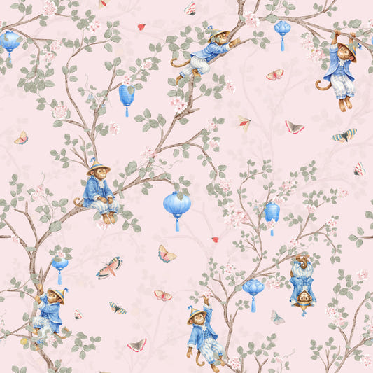 Papel pintado rosa con faroles asiáticos estilo rococó chinoiserie vintage, monos y flores de sakura.