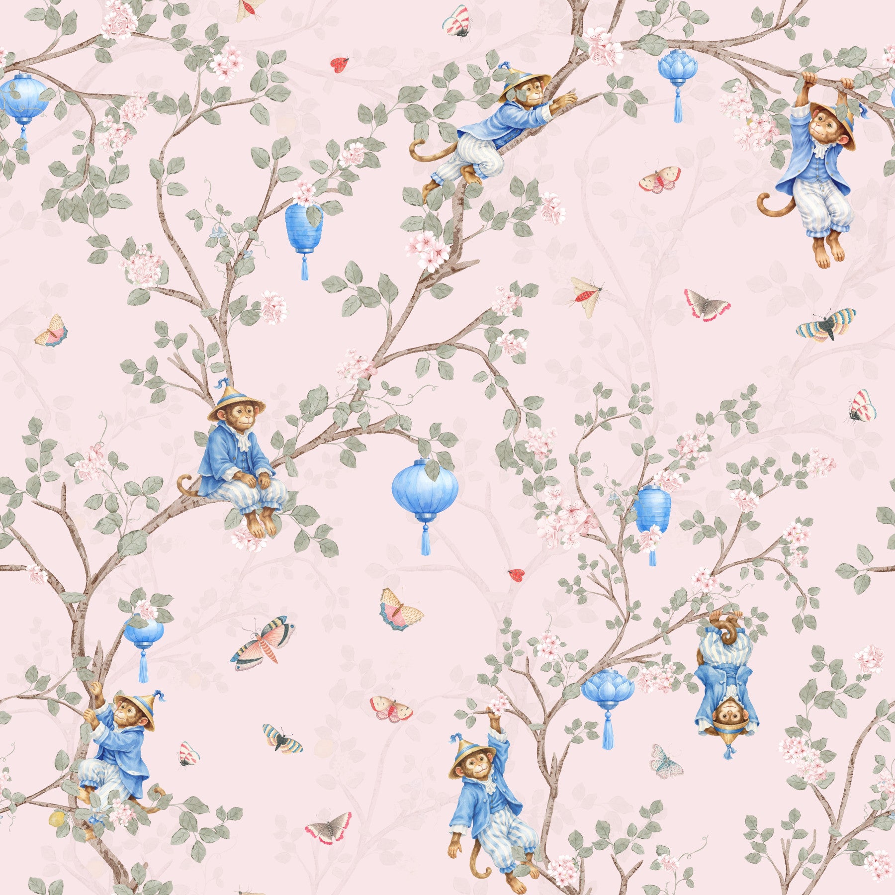 Vintage rokoko chinoiserie asiatiska lyktor med apor och sakurablommor rosa tapet in your room — zoomed