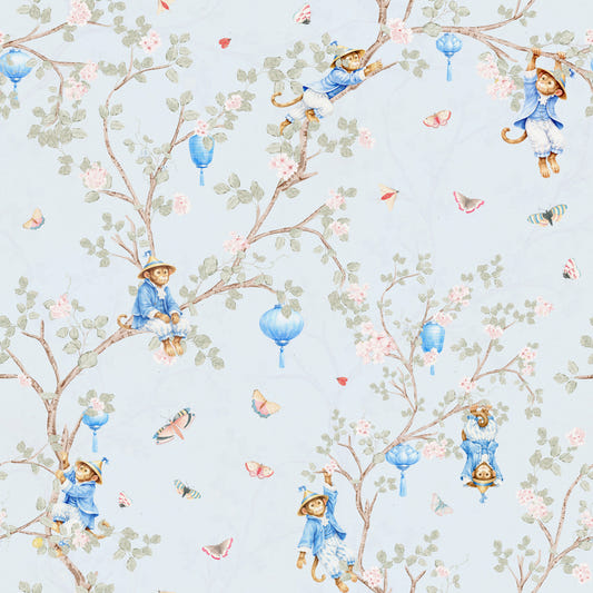 Papier peint bleu vintage style rococo chinoiserie avec lanternes asiatiques, singes et fleurs de cerisier