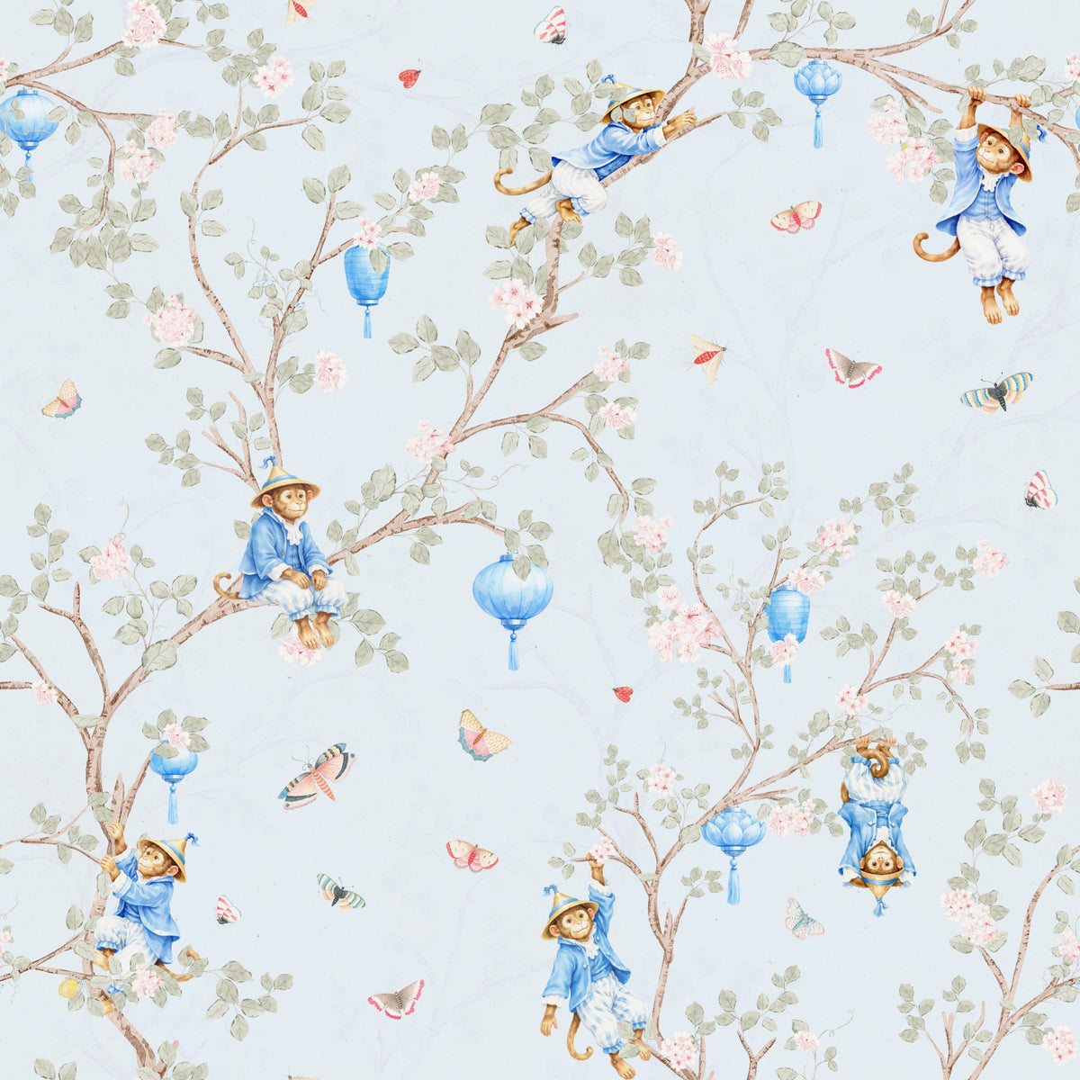 Papier peint bleu vintage style rococo chinoiserie avec lanternes asiatiques, singes et fleurs de cerisier in your room — zoomed