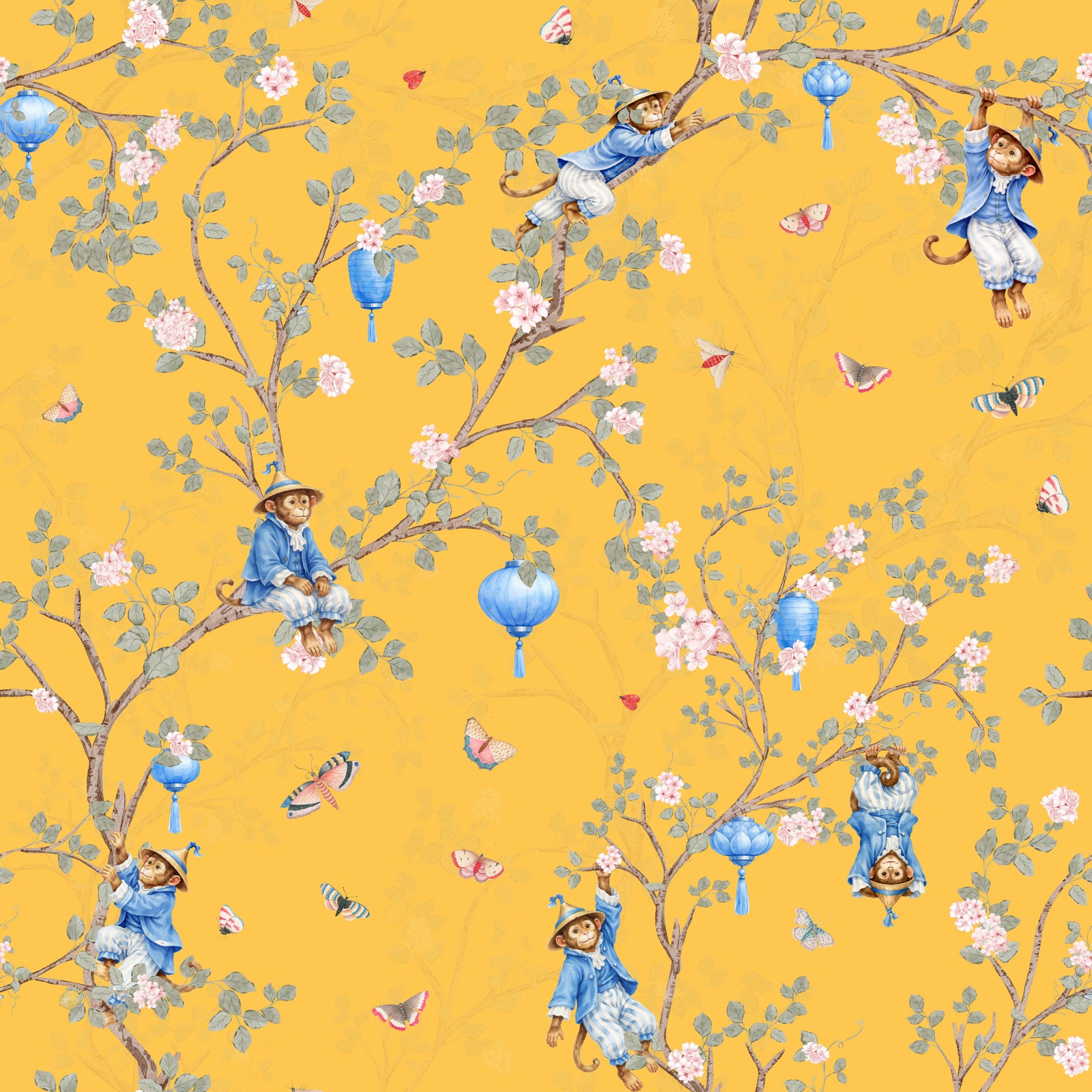 Vintage Rokoko Chinoiserie Asiatische Laternen mit Affen und Kirschblüten gelbe Tapete