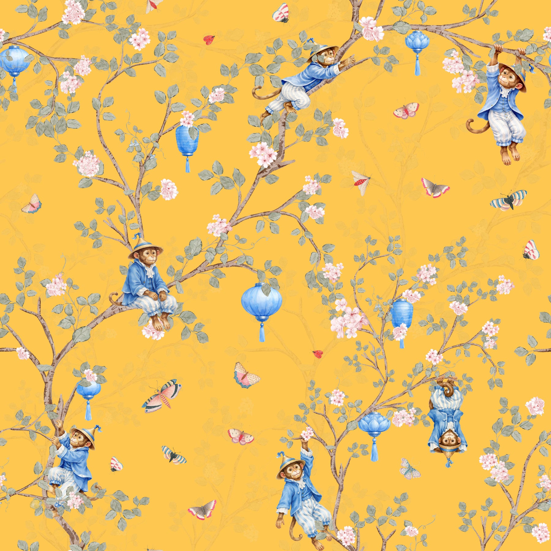 Vintage Rokoko Chinoiserie Asiatische Laternen mit Affen und Kirschblüten gelbe Tapete in your room — zoomed