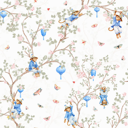 Lanterne asiatiche in stile rococò cinese con scimmie e fiori di ciliegio, carta da parati bianca