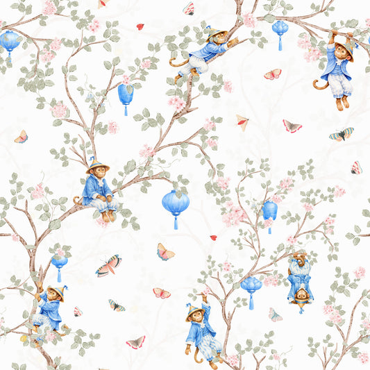 Papier peint blanc vintage style rococo chinoiserie avec lanternes asiatiques, singes et fleurs de cerisier