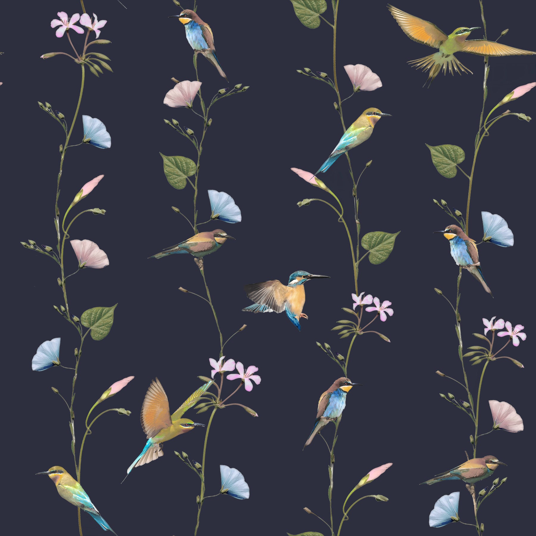 Vintage Birds in Moonlit Garden Wallpaper⁠ in your room — zoomed
