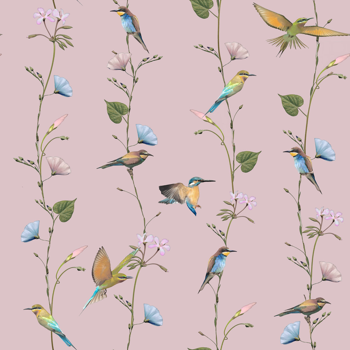 Charmant behang met vogels en wilde bloemen