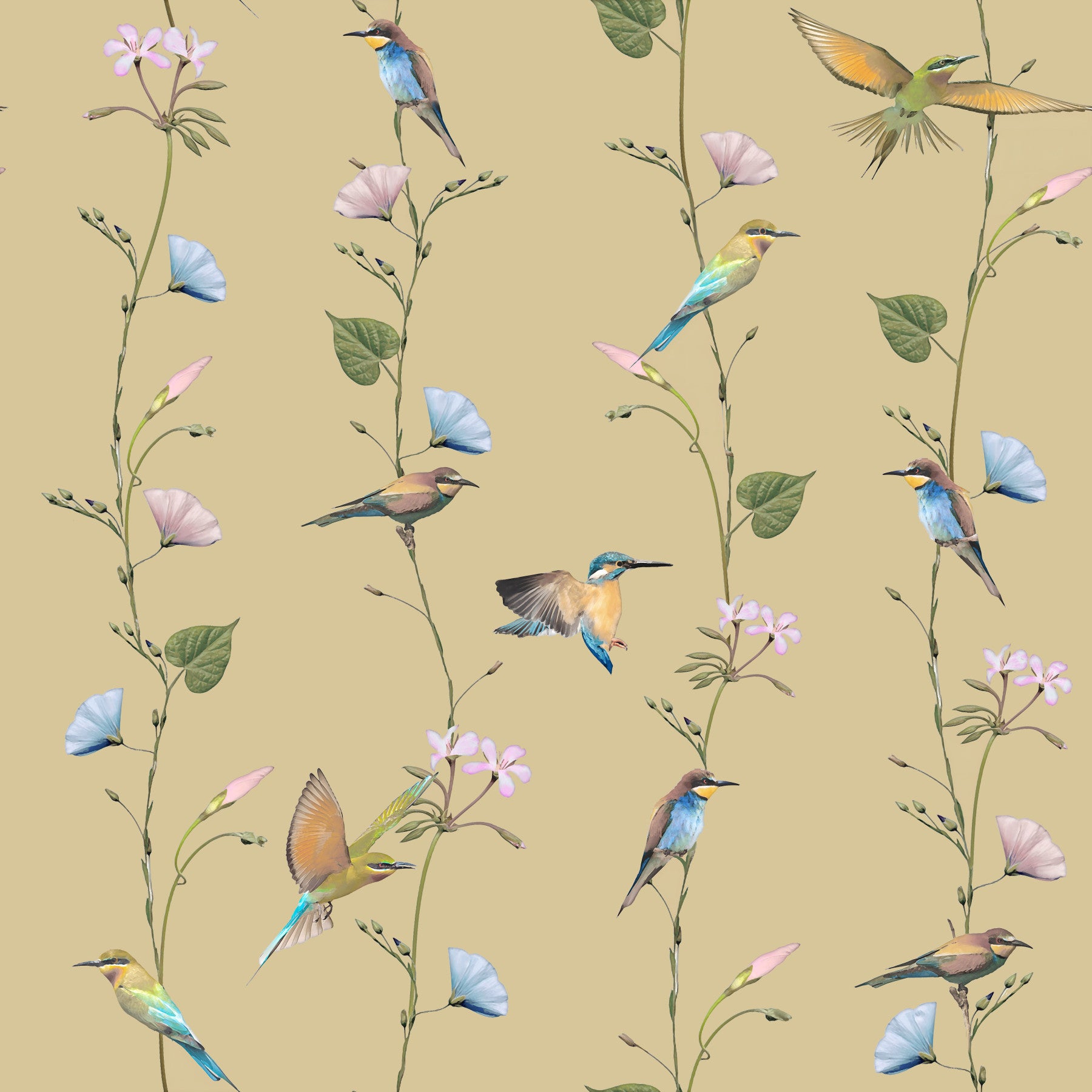 Pastel Songbirds on Beige Wallpaper⁠ in your room — zoomed