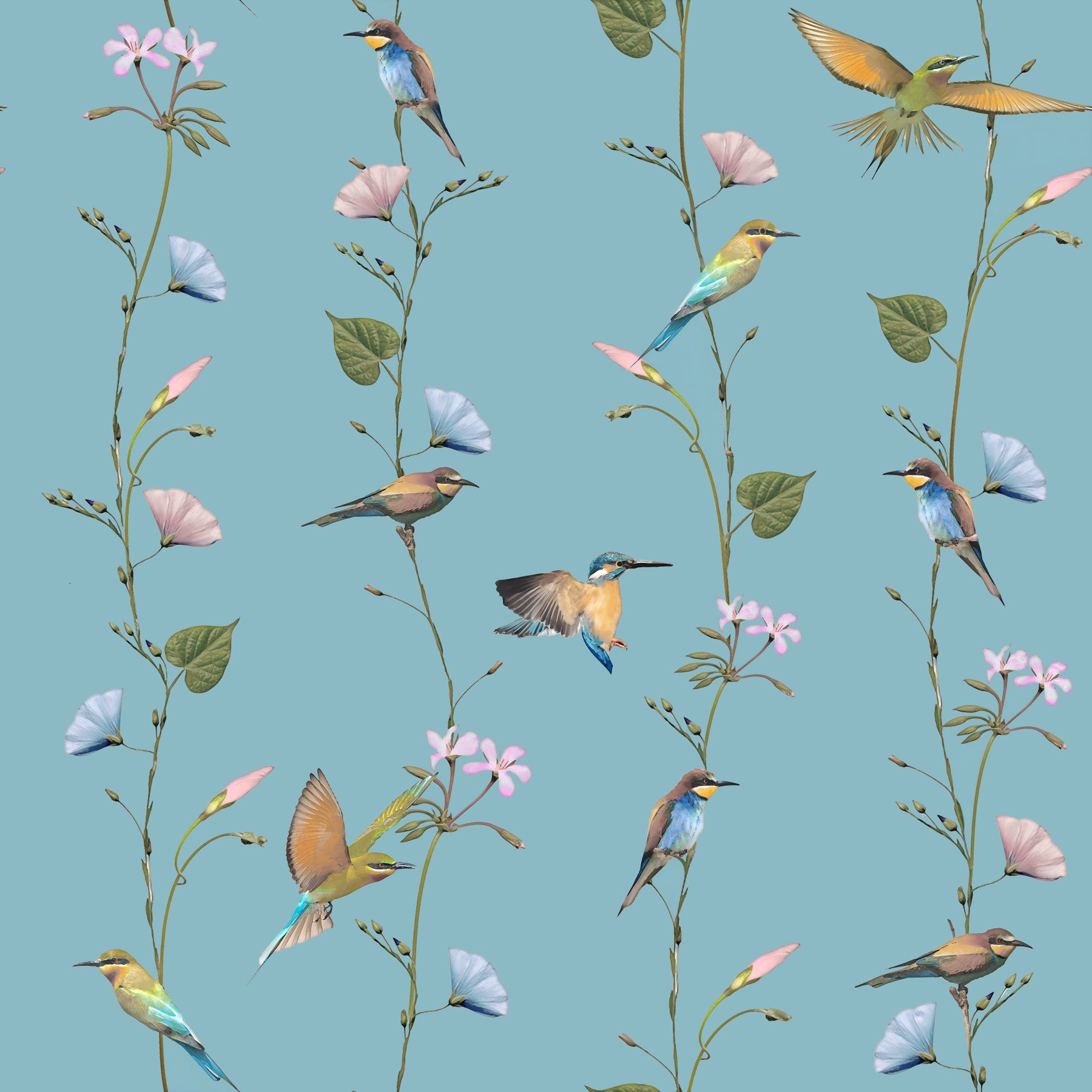 Vintage Birds and Morning Glories Wallpaper⁠ in your room — zoomed