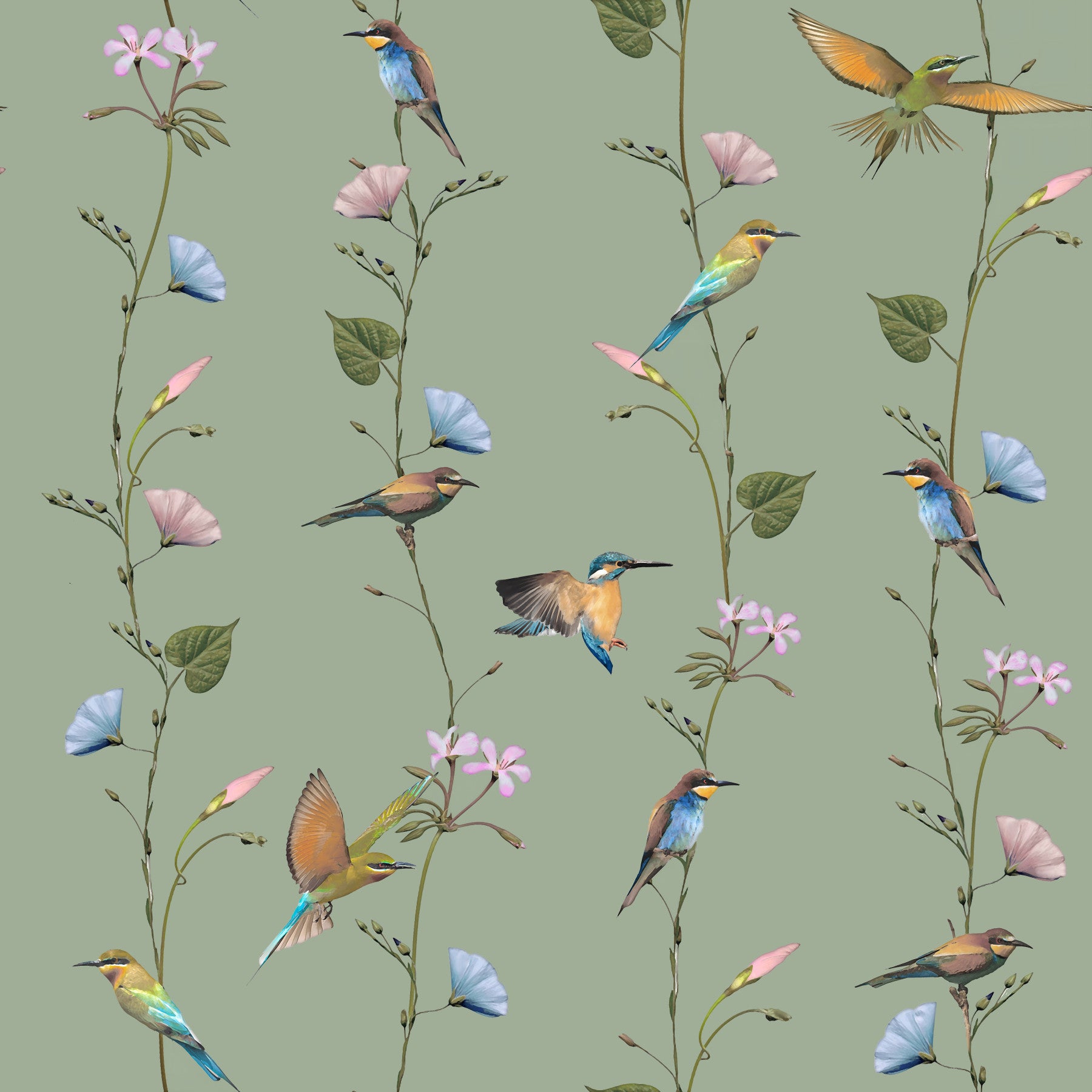Papier peint Oiseaux botaniques aux tons pastel doux