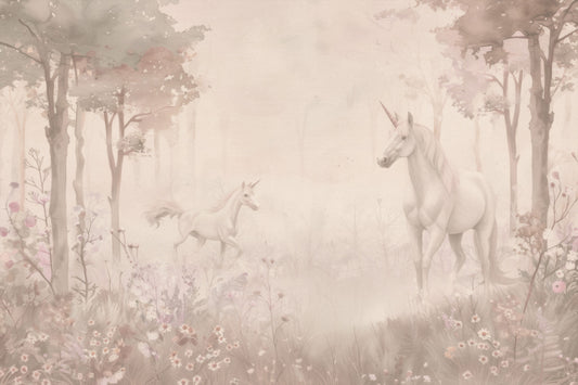 Licornes dans une forêt magique et onirique – Fresque murale en coquillages