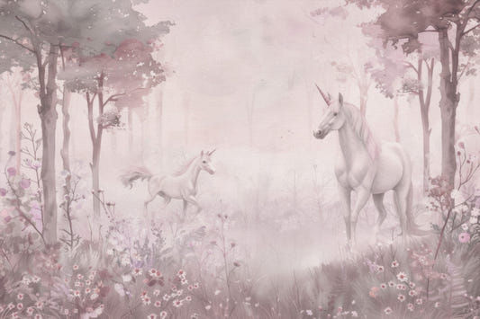 Unicornios en un bosque mágico de ensueño – Mural de pared rosa