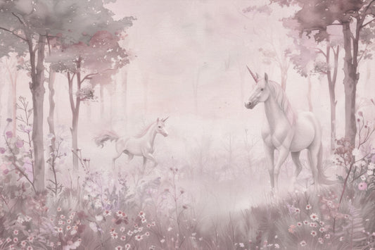 Licornes dans une forêt magique et onirique – Fresque murale rose