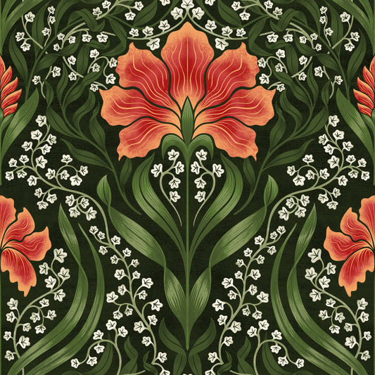 Intricate floral damask - red Wallpaper⁠