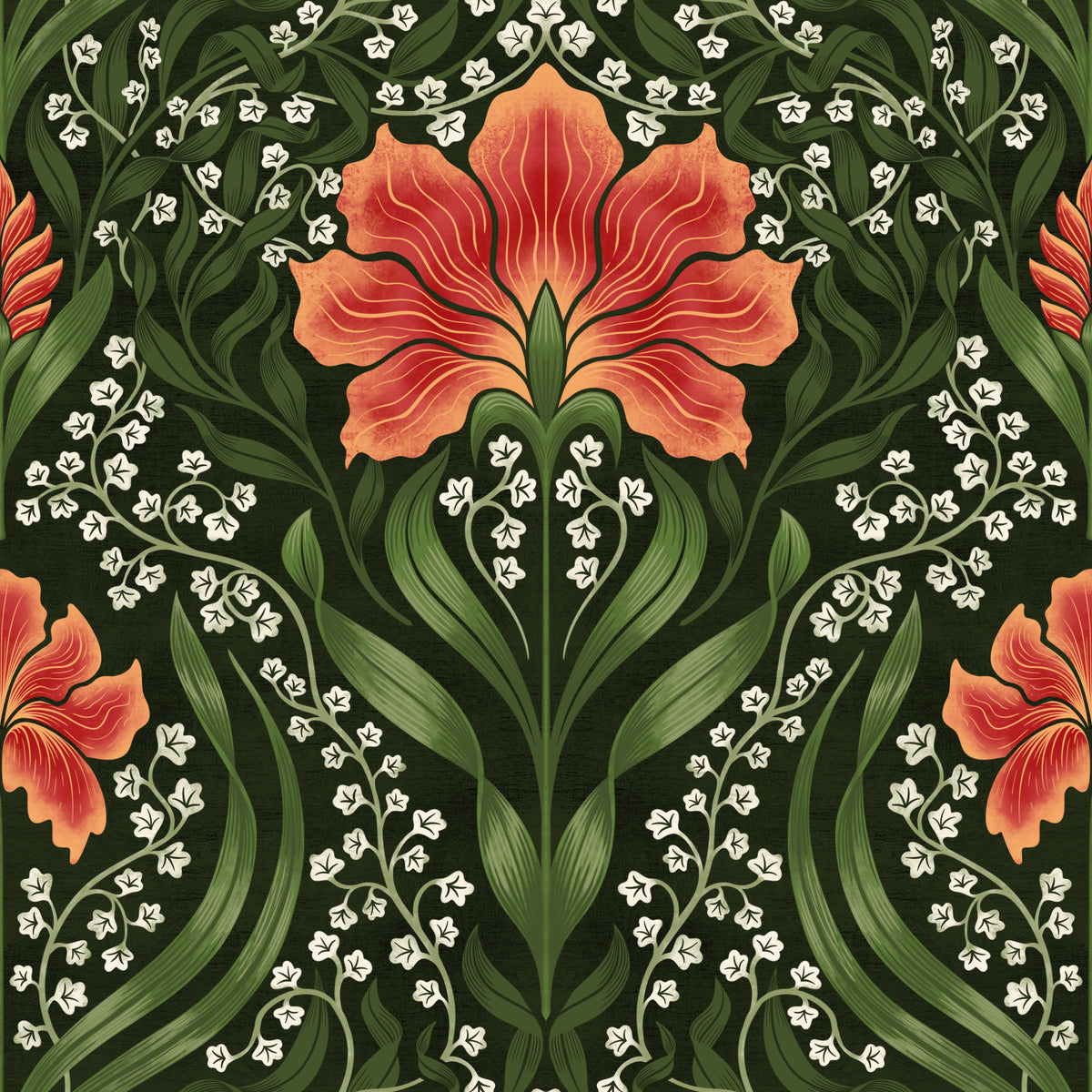 Papier peint rouge à motif floral damassé complexe in your room