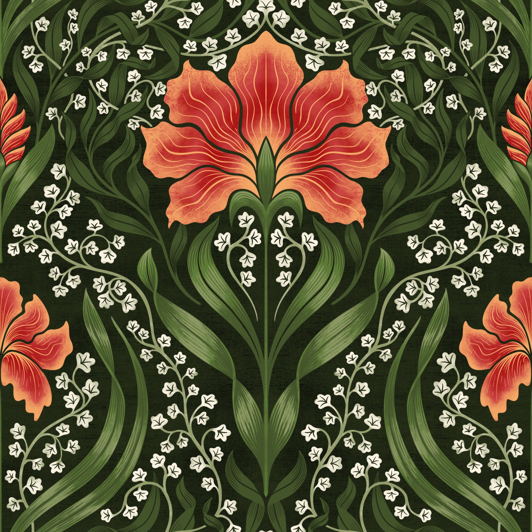 Papier peint rouge à motif floral damassé complexe