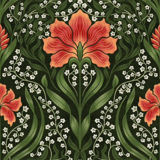 Aufwendiges florales Damastmuster – rote Tapete