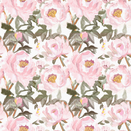 Papel pintado vintage de peonías rosas pintadas al óleo con suaves pétalos románticos.