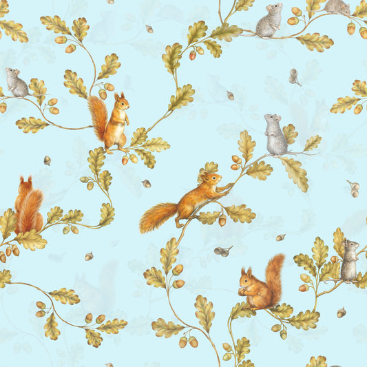 18th Rococo Forest Chinoiserie with Squirrels and Mice on Oak Tree Branches Blue Wallpaper⁠