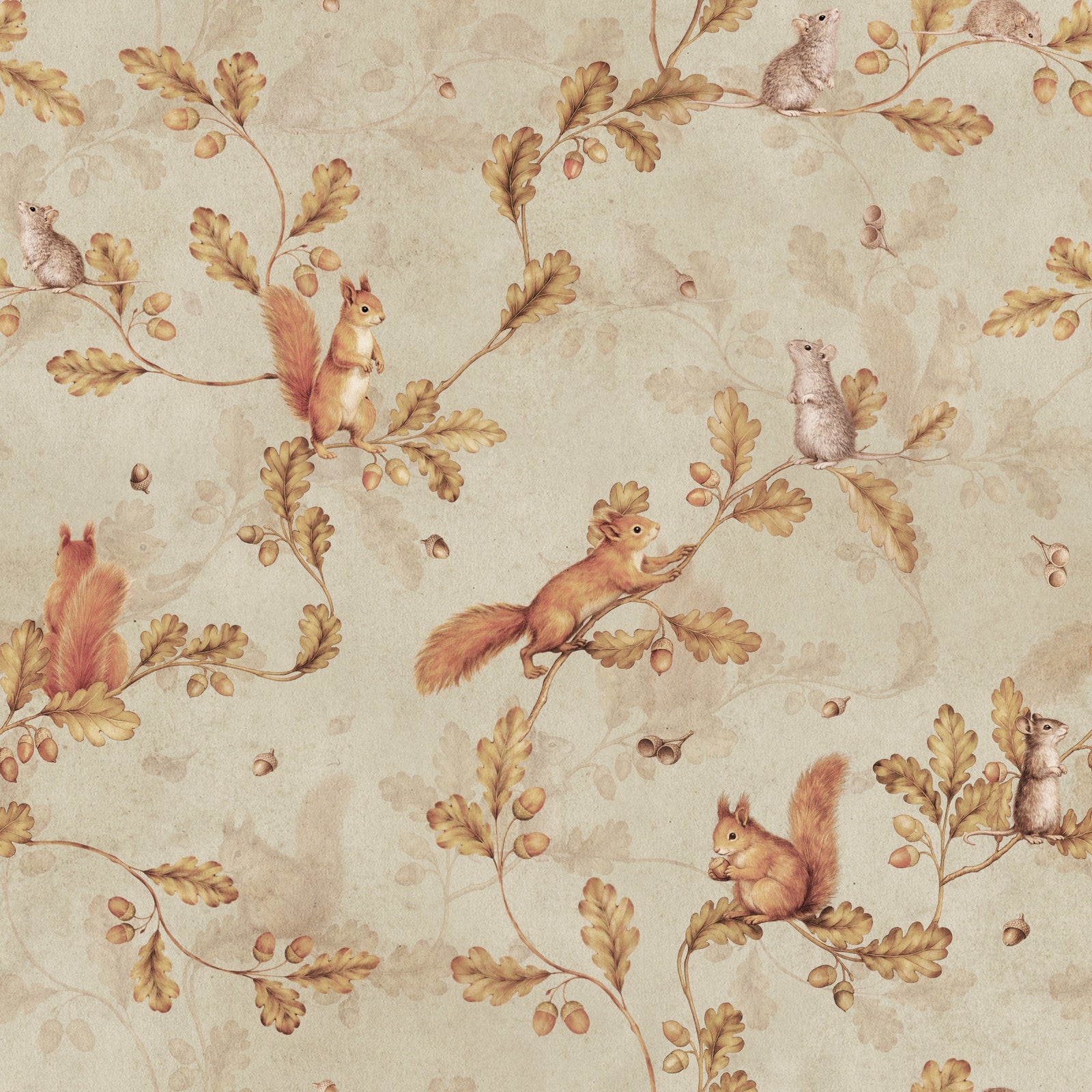 Carta da parati beige con chinoiserie rococò del XVIII secolo con scoiattoli e topi su rami di quercia