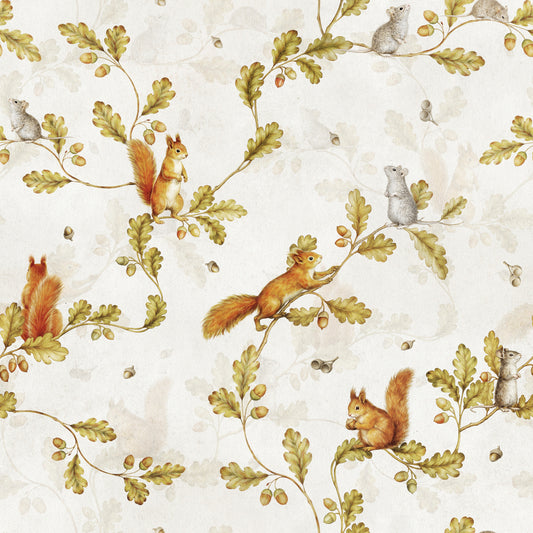 18th Rococo Forest Chinoiserie with Squirrels and Mice on Oak Tree Branches  Wallpaper⁠