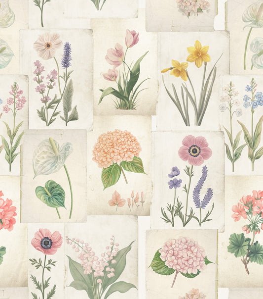 Pastel Floral Botanical Collage Wallpaper⁠