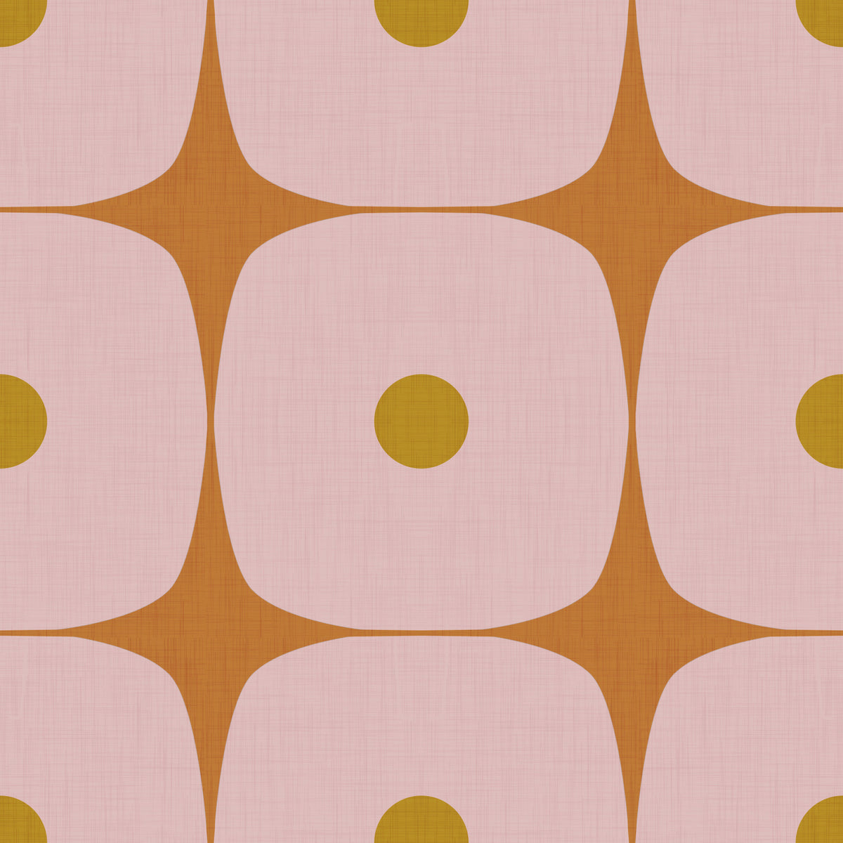 Tapete im Mid-Century-Modern-Stil mit geometrischen Quadraten und Punkten, rosa-senffarben und terrakottafarben