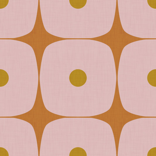 Mid Century Modern Geometric Squares with Dots Pink Mustard Terracotta Wallpaper⁠