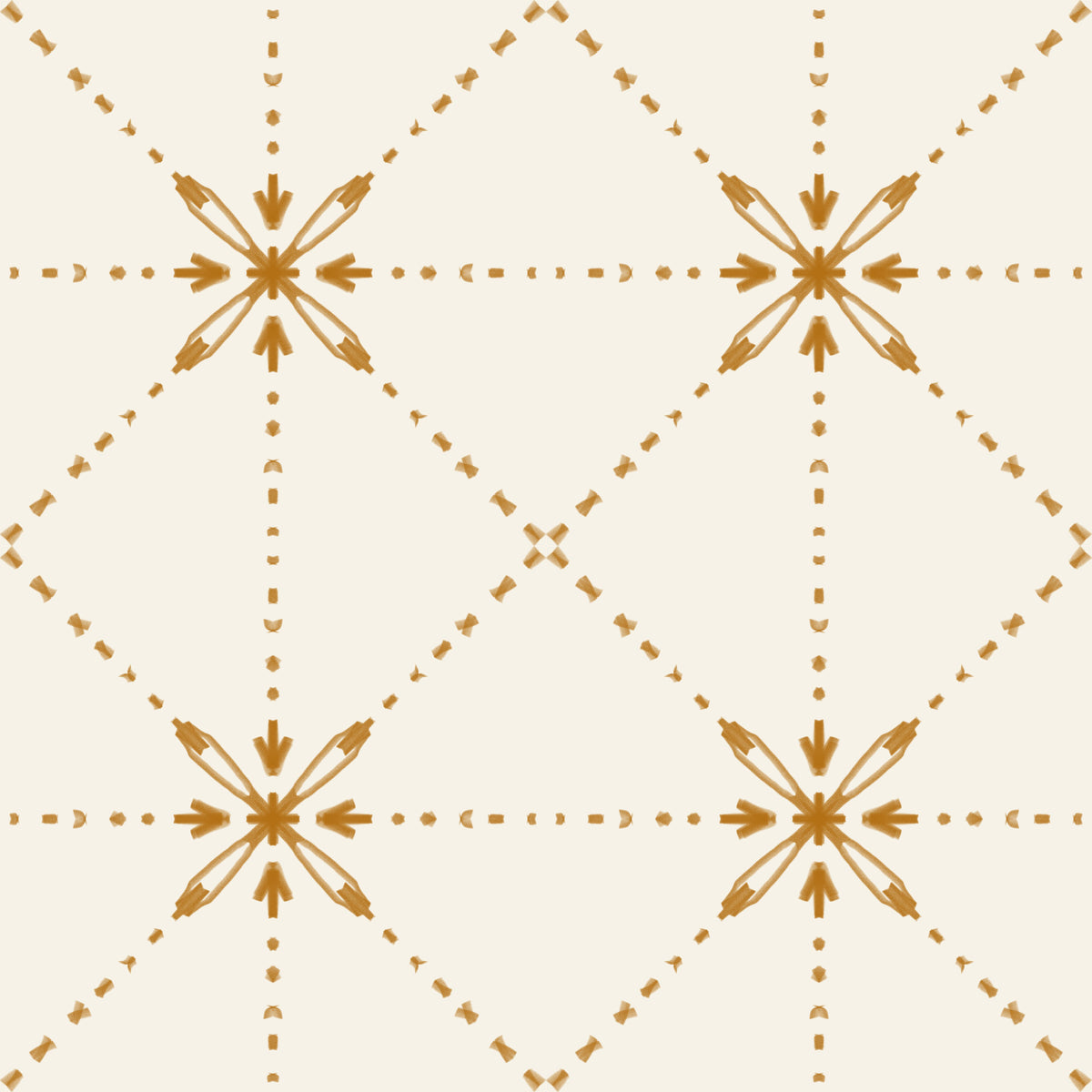 Sashiko Hana-Goshi – Goldtapete mit Gittermuster und Blumenstich⁠ in your room — zoomed