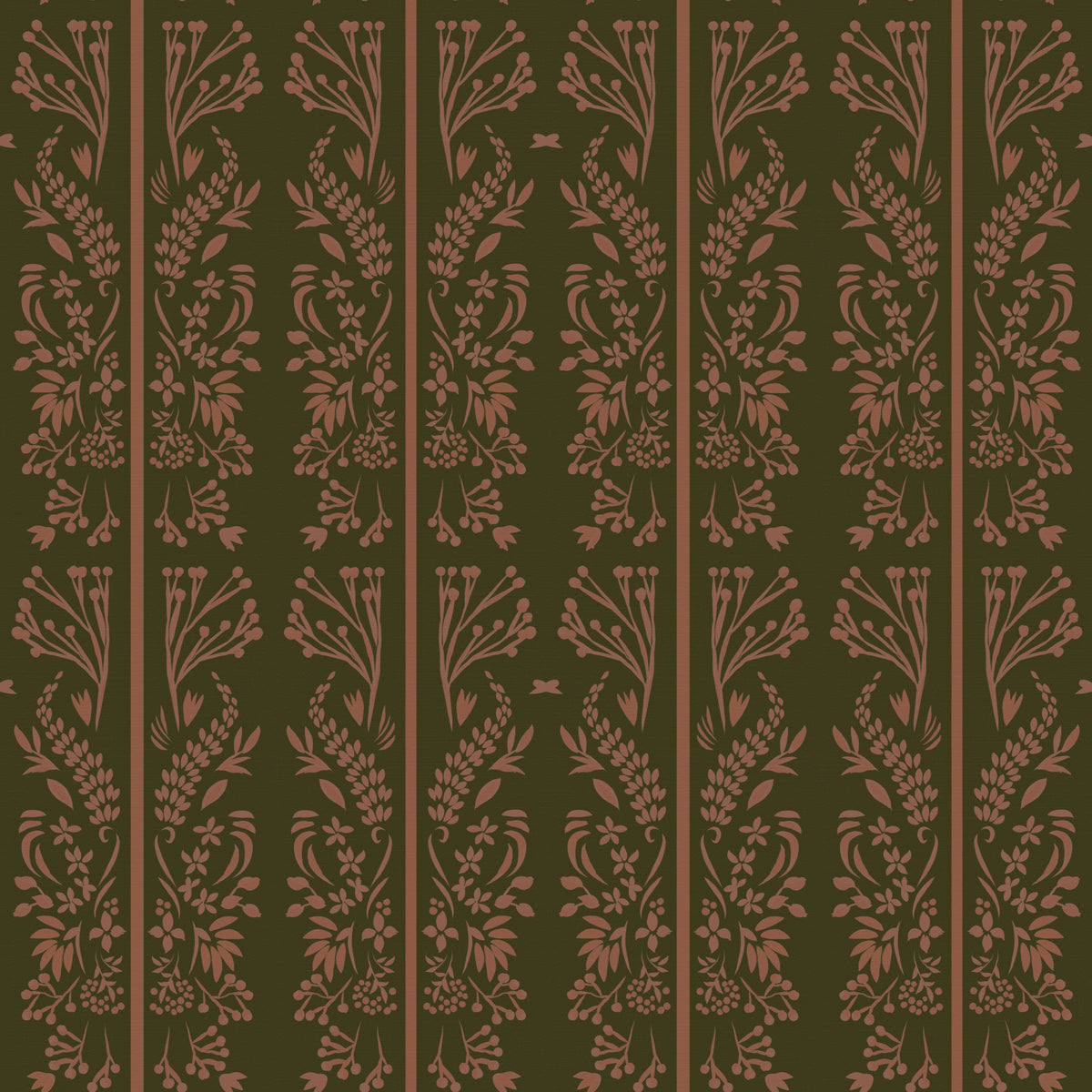 Papel de parede com riscas florais em tons terra, ao estilo Cottagecore.