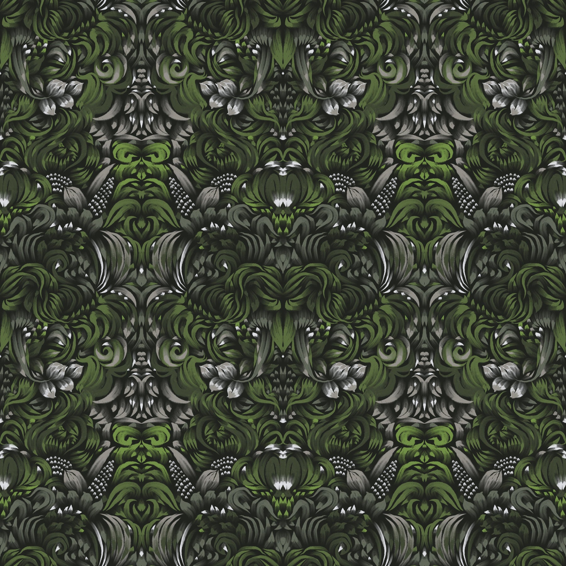 Papel de parede verdejante com estampado de selva em estilo tapeçaria damasco⁠