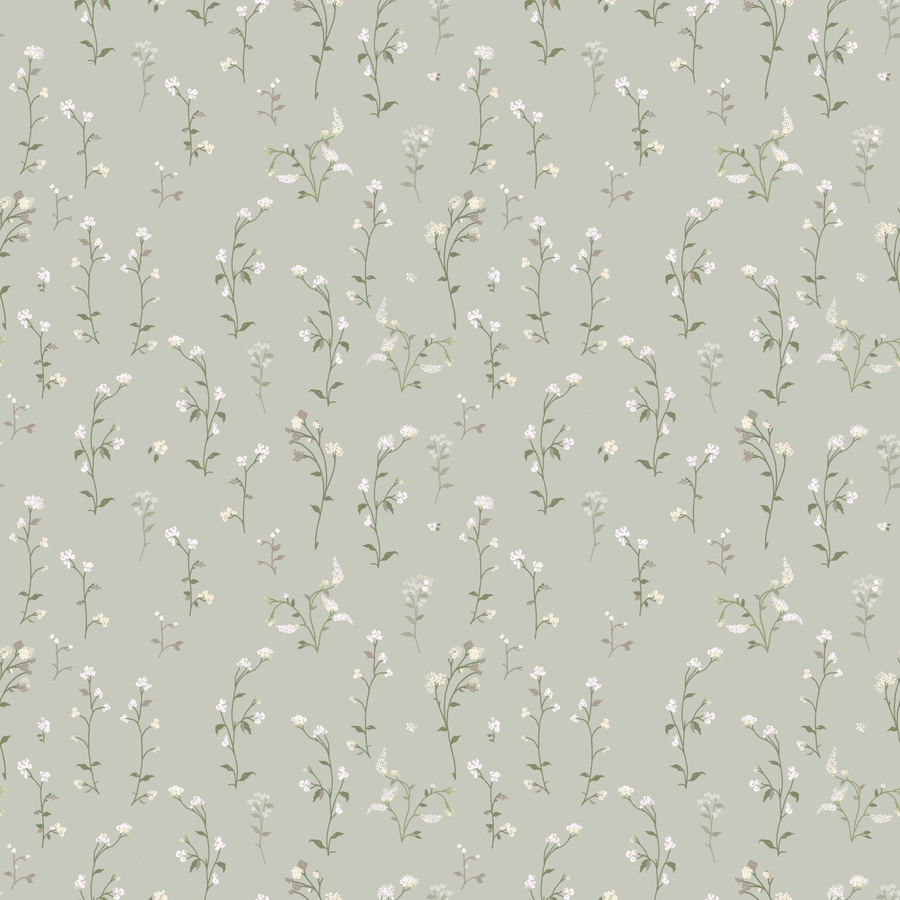 Wildflower Whisper pastel white mini flowers living room wallpaper with soft green backdrop