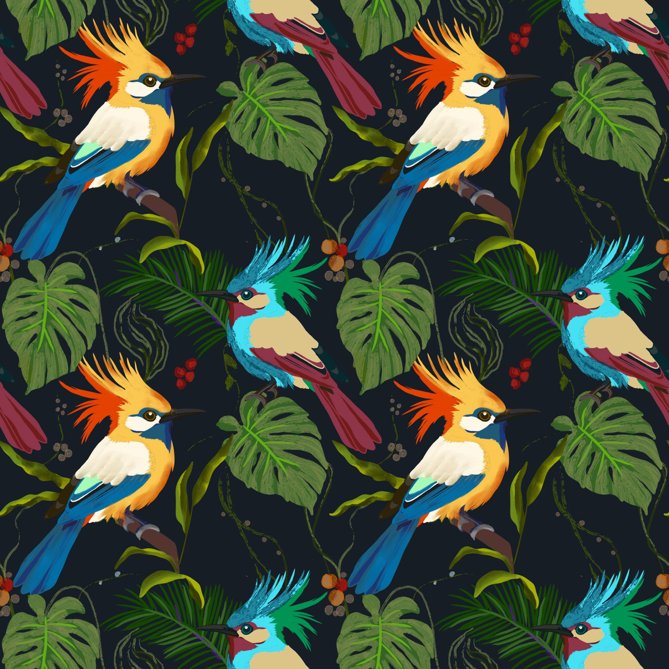 Jungle Birds Exotic Botanical Paradise  Wallpaper⁠