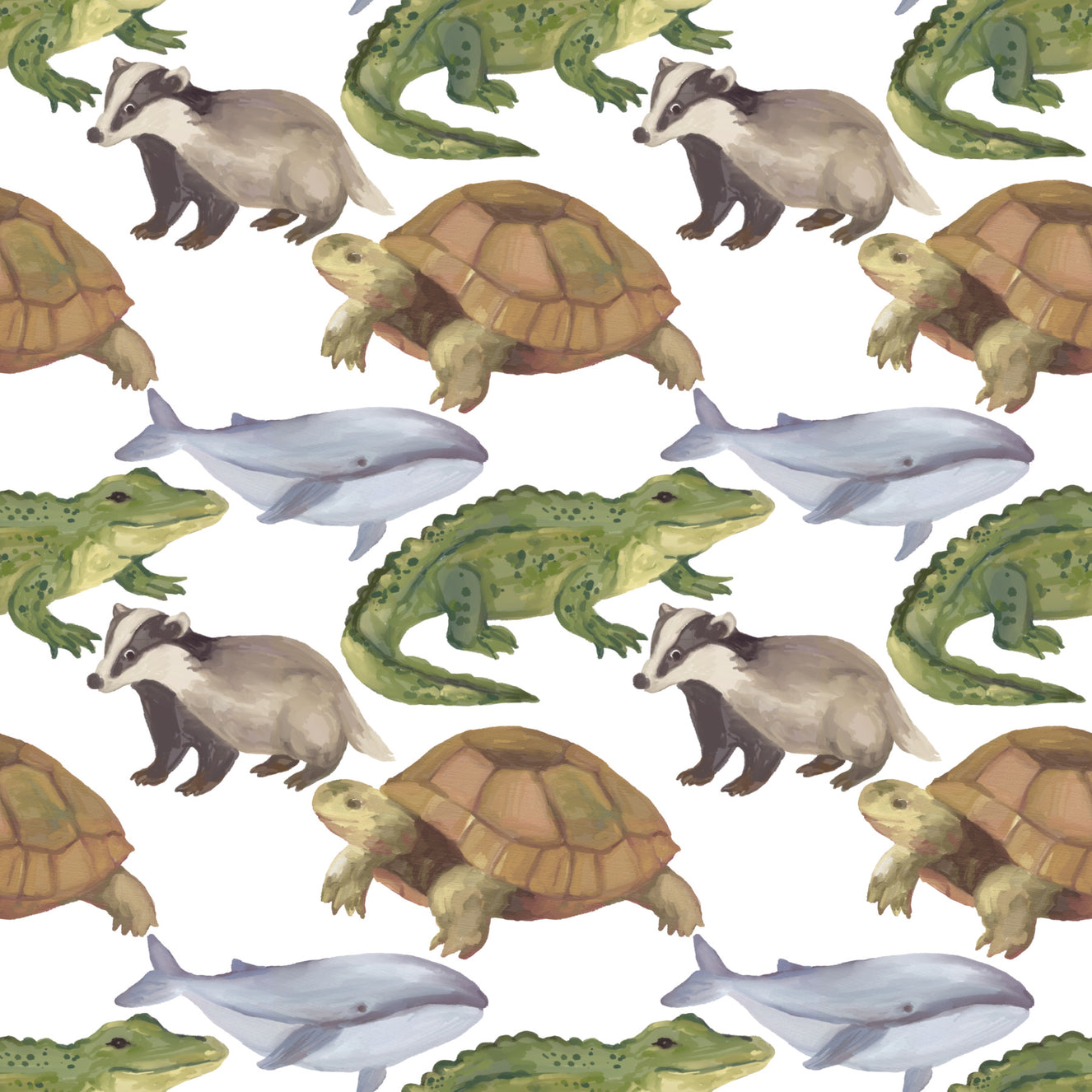 Watercolor Animals Tortoise Crocodile Whale themed kids room Wallpaper⁠