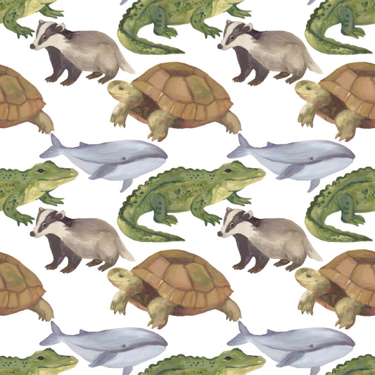 Carta da parati per cameretta dei bambini con tema animali acquerello, tartaruga, coccodrillo e balena