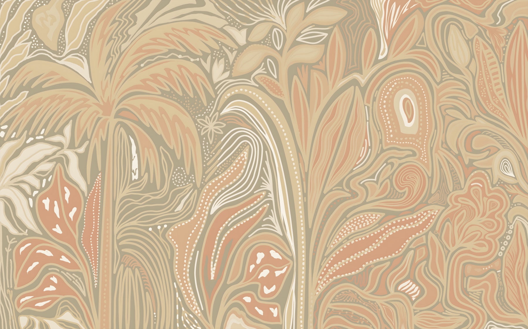 Earthy warm tones jungle rustic abstraction wall mural with botanical palm leaves