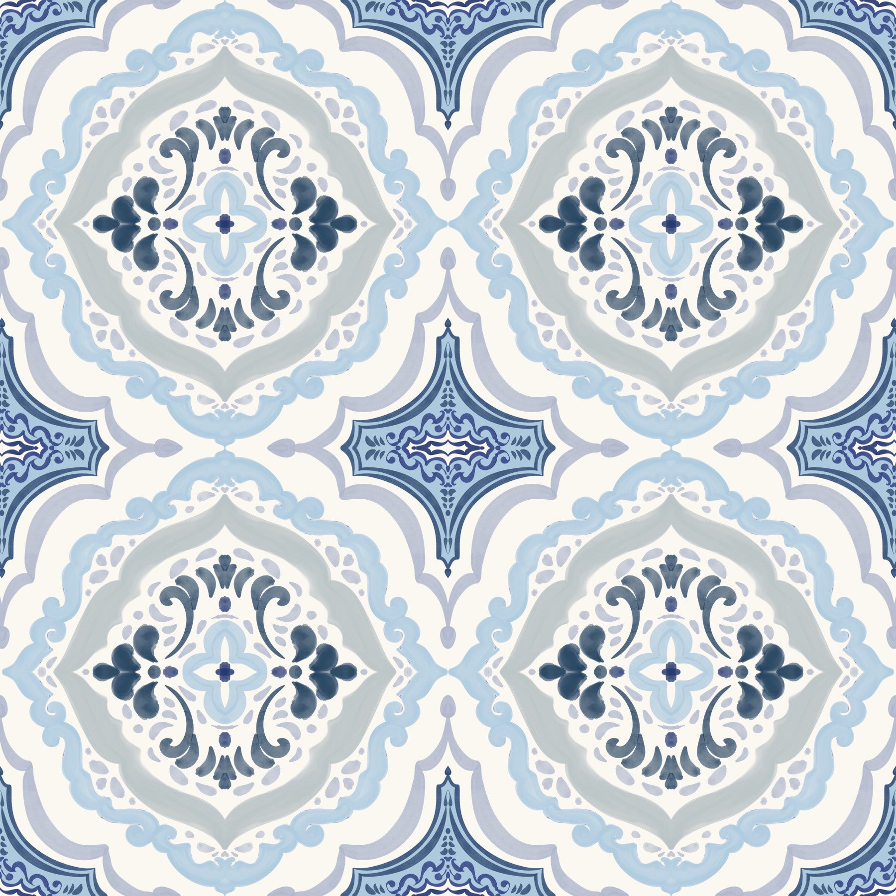 Papier peint à carreaux indigo méditerranéens à fleurs